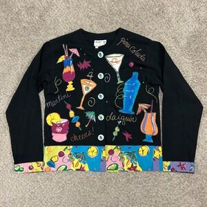 Silkscapes Handpainted Cardigan Small Black Cocktail Martini Daiquiri Cotton Top